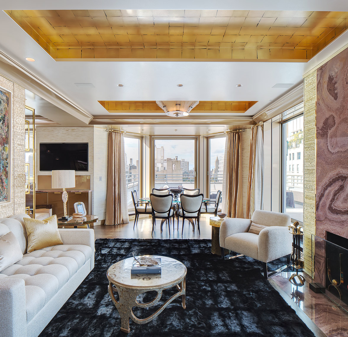 More gold! A custom cut mink area rug, and a vivid view of the east river.  Interior deign photographer 