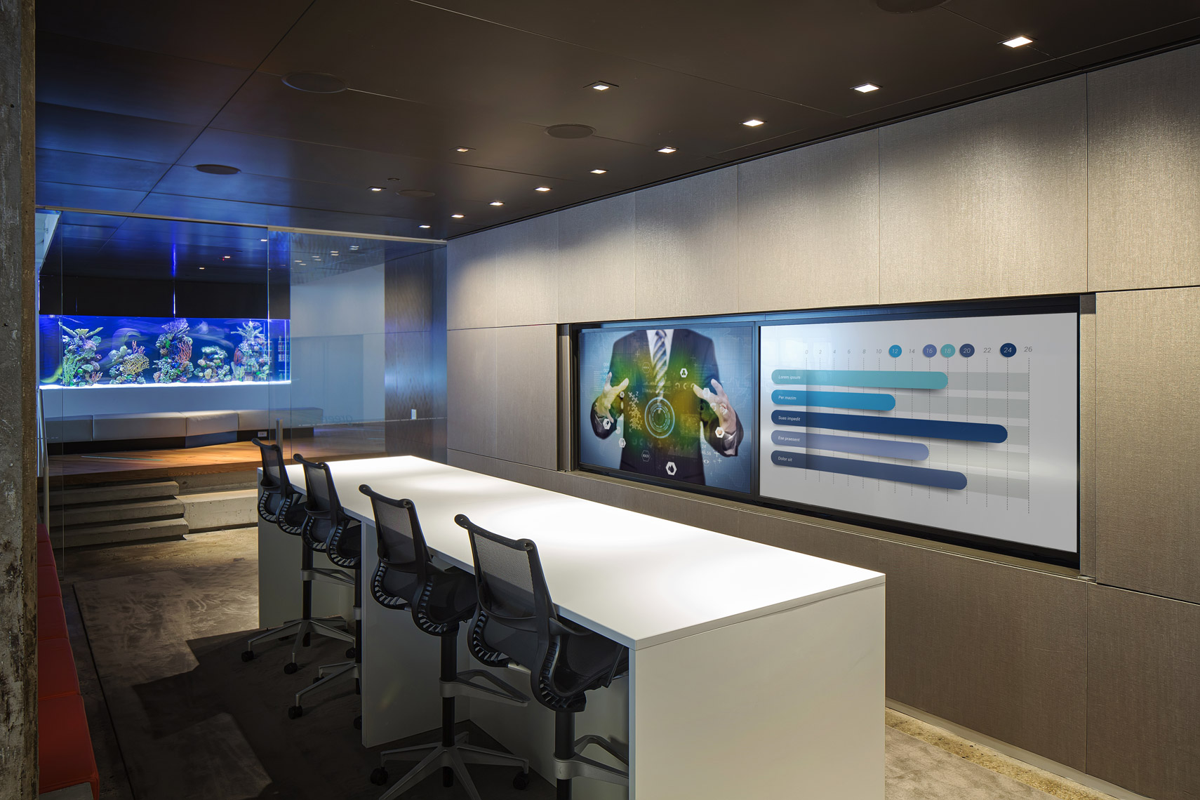 This media conference room has a modern way of getting informed at the workplace.  Corporate interior photographer ny